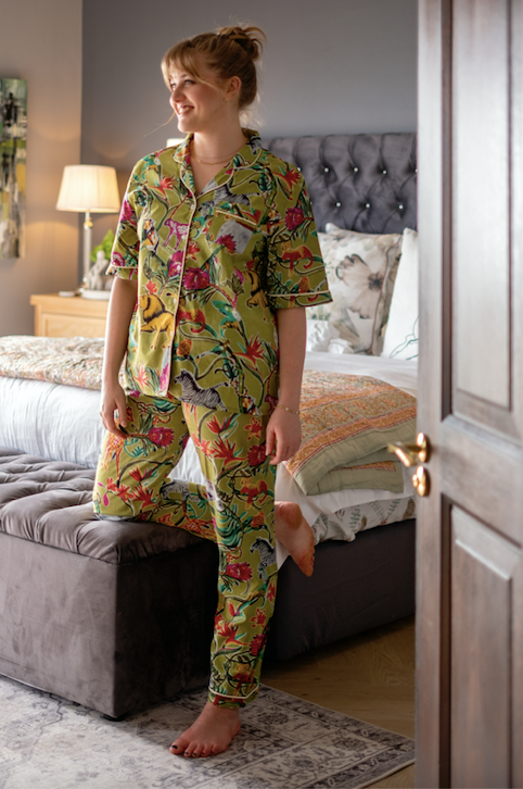 Short Sleeve Top and Long Pant | Green Elephant | 100% Indian Cotton
