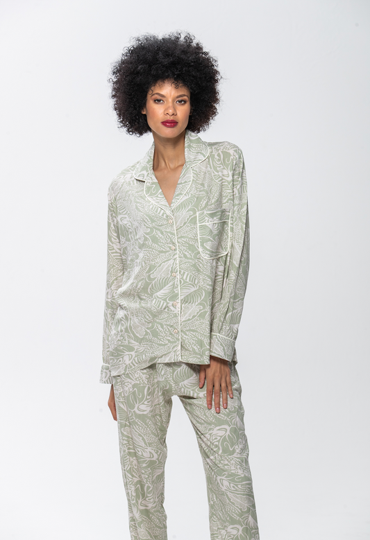 Long Sleeve Top & Pants | Sage Leaves | 100% Rayon