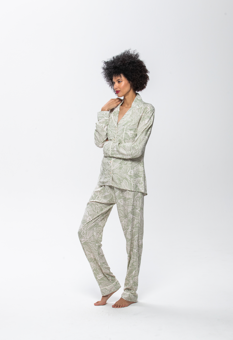 Long Sleeve Top & Pants | Sage Leaves | 100% Rayon