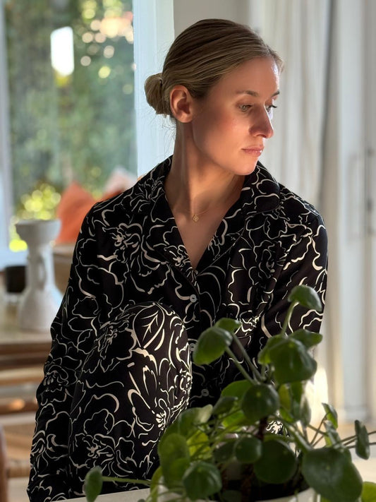Long Sleeve Top and Long Pant | Black with Ivory Outline Floral | 100% Rayon