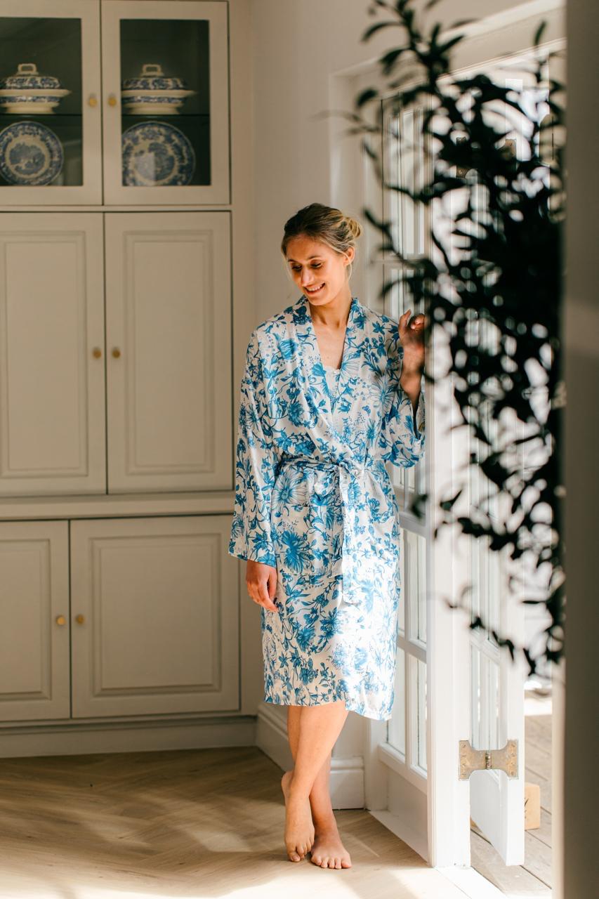 Kimono Gown | Blooming in Blues | 100% Rayon