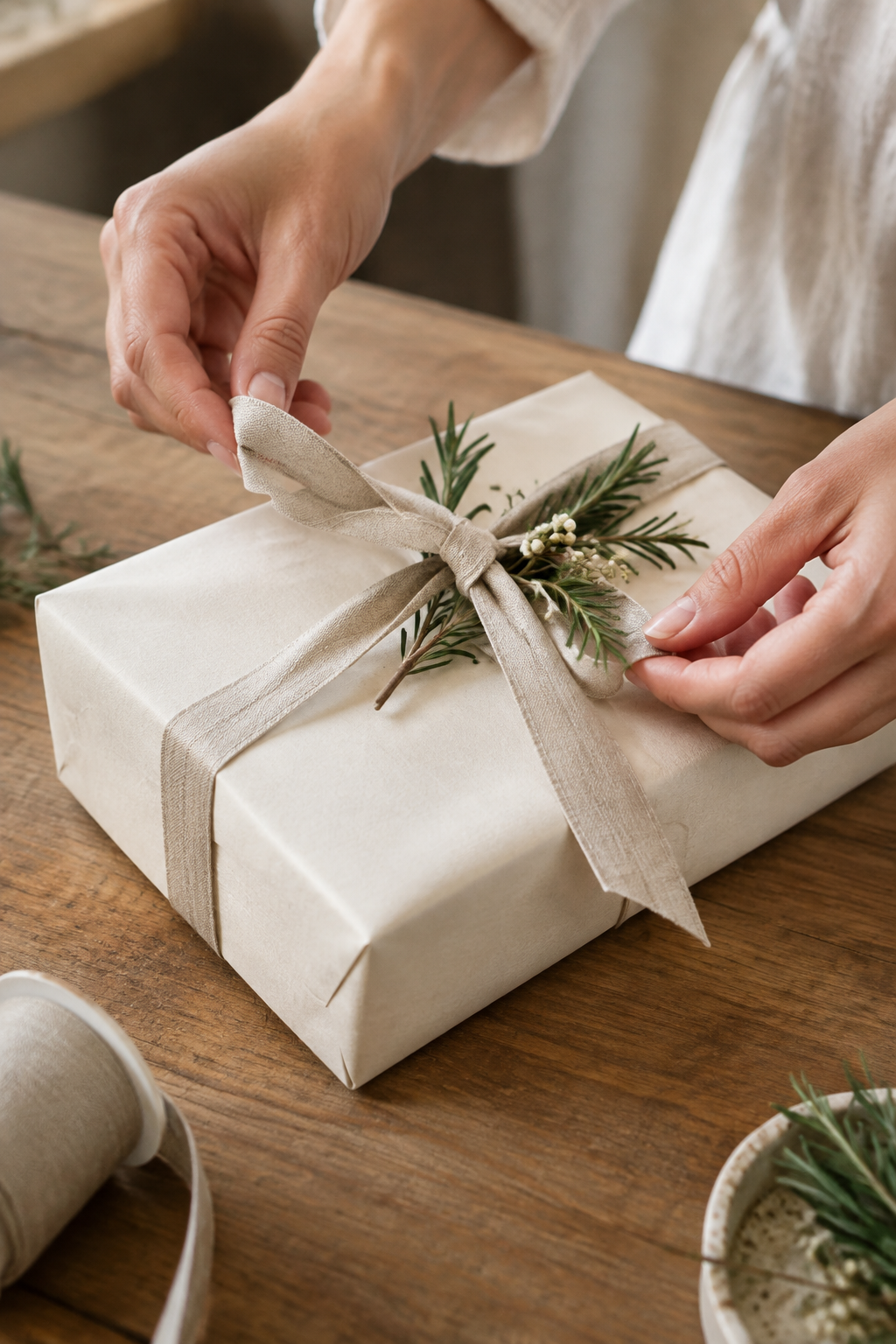 Gift wrapping only: a cream-wrapped gift box with linen ribbon and greenery, no shopping bag.