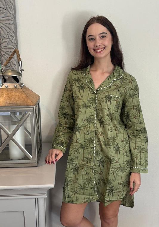 Long Sleeve Sleepshirt | Green Palm with Stripe Piping | 100% Indian Cotton