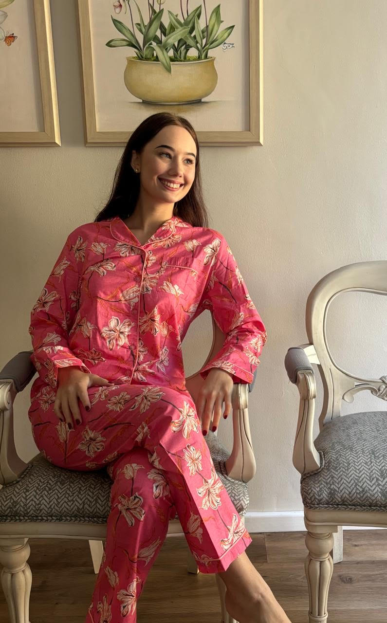 Long Sleeve Top and Long Pant | Coral Flower | 100% Indian Cotton