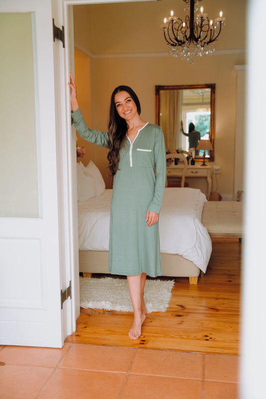 Long Sleeve Sleepshirt | Sage with Contrast Trim | 96% Rayon Knit & 4% Spandex