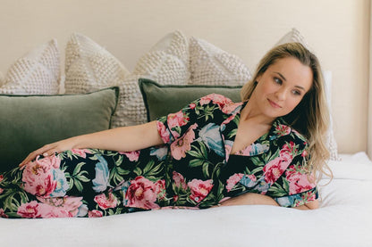 Short Sleeve Top and Ankle Length Pant | Navy and Pink Floral | 100% Rayon