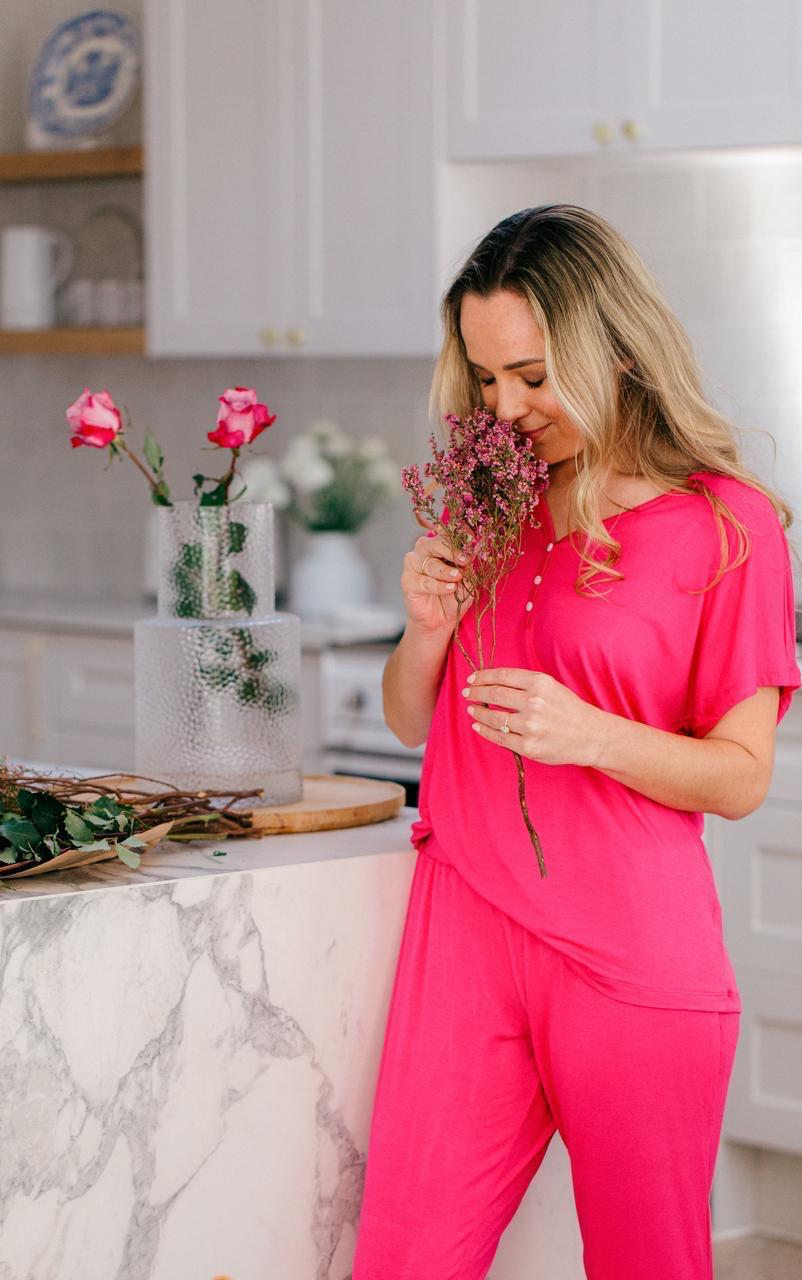 Short Sleeve Top & Cuffed Pant | Summer Pink Lounge Wear | 96% Rayon Knit & 4% Spandex