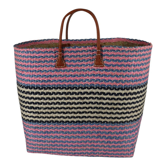 Sisal Bag With Leather Handles | Striped Black, Pink & White