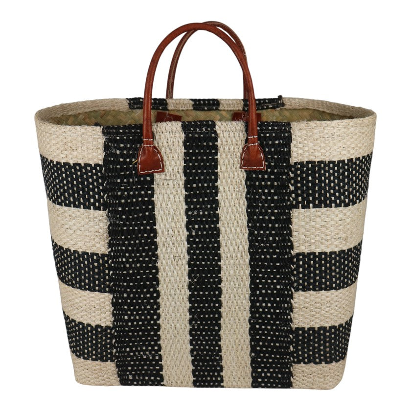 Sisal Bag With Leather Handles | Striped Navy & White