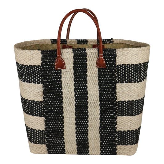Sisal Bag With Leather Handles | Striped Navy & White