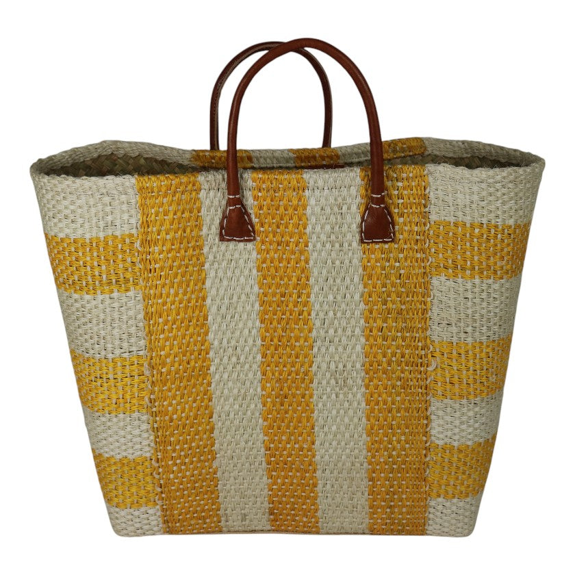 Sisal Bag With Leather Handles | Striped Yellow & White