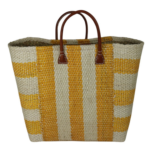 Sisal Bag With Leather Handles | Striped Yellow & White