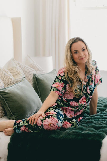 Short Sleeve Top and Ankle Length Pant | Navy and Pink Floral | 100% Rayon