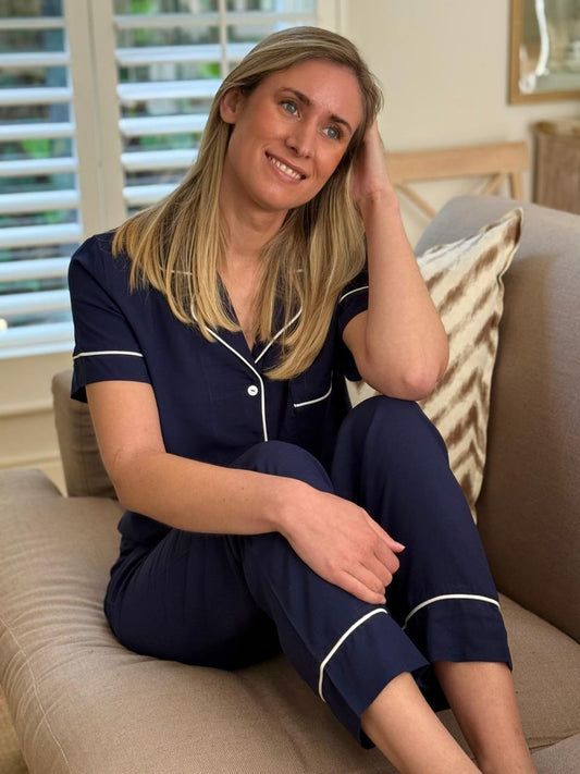 Short Sleeve Top and Ankle Length Pant | Navy | 100% Rayon
