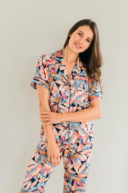 Short Sleeve Top & Ankle Length Pant | Blue Coral Mauves Leaves | 100% Rayon