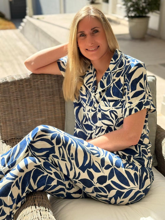 Short Sleeve Top & Ankle Length Pant | Navy Ivory Abstract Floral | 100% Rayon
