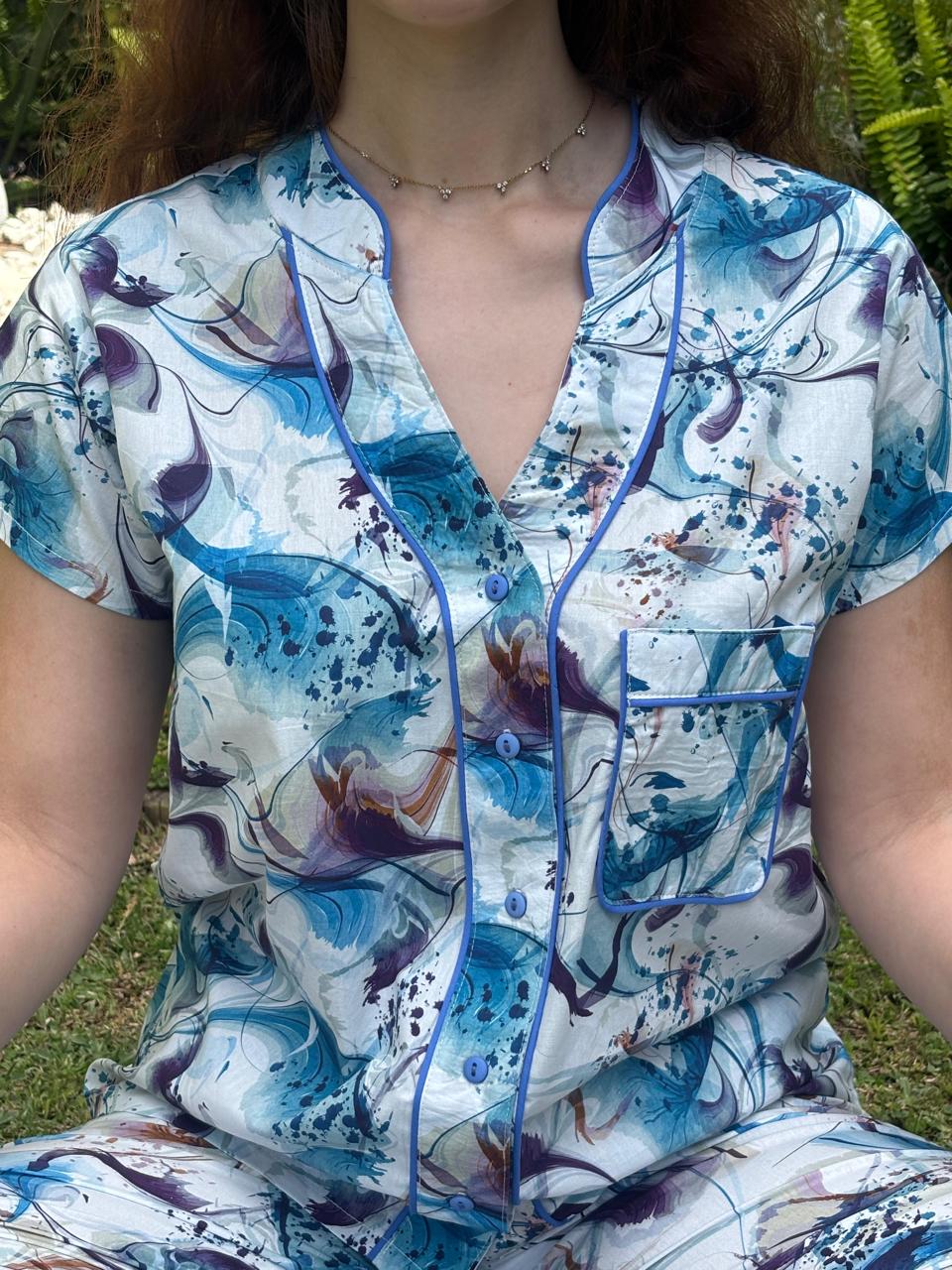 Short Sleeve Top and Long Pant with Mandarin Collar | Blue Swirl Abstract | 100% Cotton