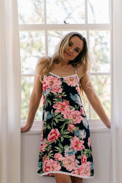 Chemise | Navy Pink Floral | 100% Rayon