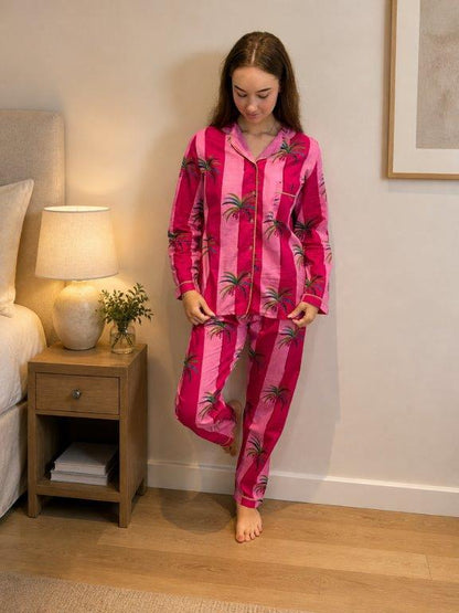 Classic PJ |Long Sleeve Top and Long |Pink Palm| 100% Indian Cotton