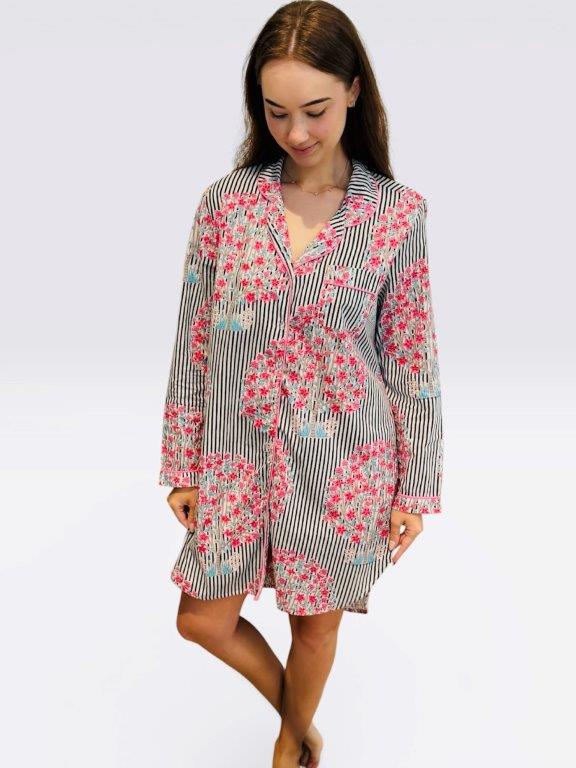 Classic Long Sleeve Sleepshirt | Pink and Grey stripes | 100% Cotton