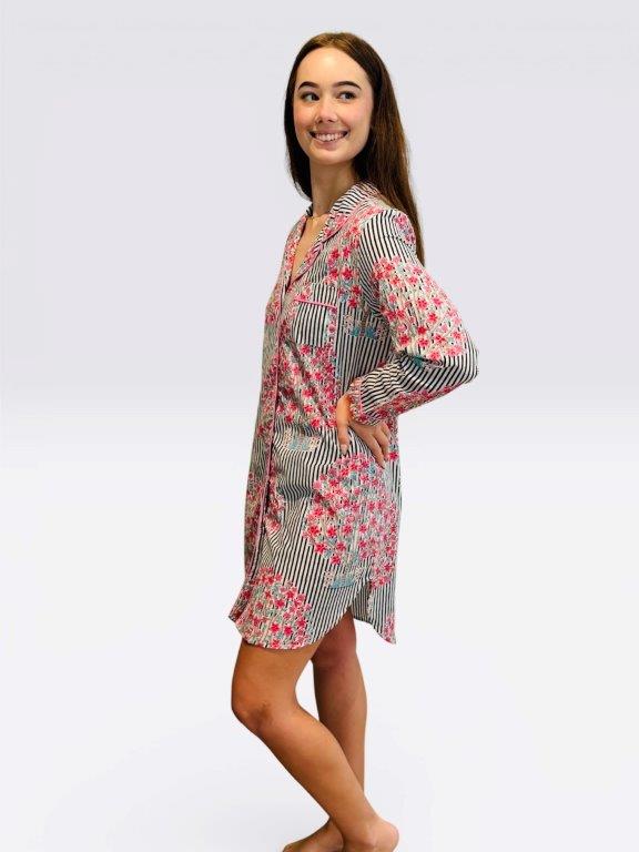 Classic Long Sleeve Sleepshirt | Pink and Grey stripes | 100% Cotton