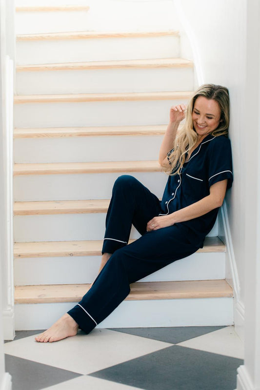 Short Sleeve Top and Ankle Length Pant | Navy | 100% Rayon