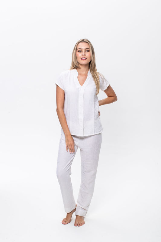 Short Sleeve Mandarin Top & Long Pant | Natural | Linen & Rayon Blend