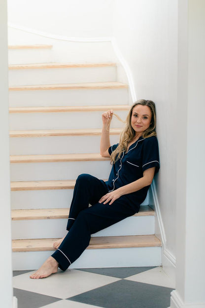 Short Sleeve Top and Ankle Length Pant | Navy | 100% Rayon