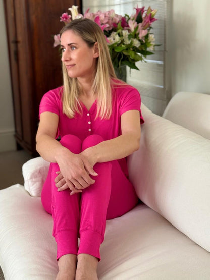 Short Sleeve Top & Cuffed Pant | Summer Pink Lounge Wear | 96% Rayon Knit & 4% Spandex