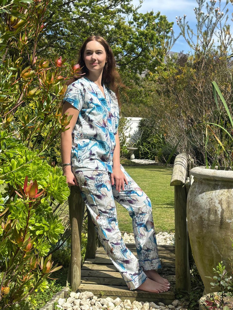 Short Sleeve Top and Long Pant with Mandarin Collar | Blue Swirl Abstract | 100% Cotton