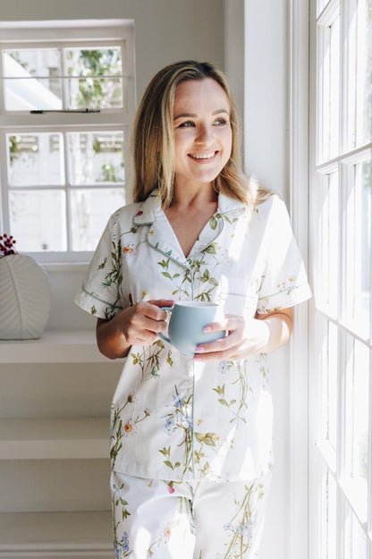 Short Sleeve Top and Ankle Length Pant | Botanical Floral | 100% Cotton