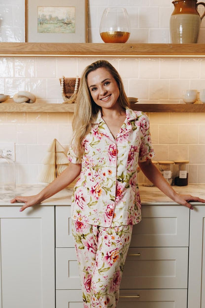 Short Sleeve Top and Ankle Length Pant | Peony Floral | 100% Rayon