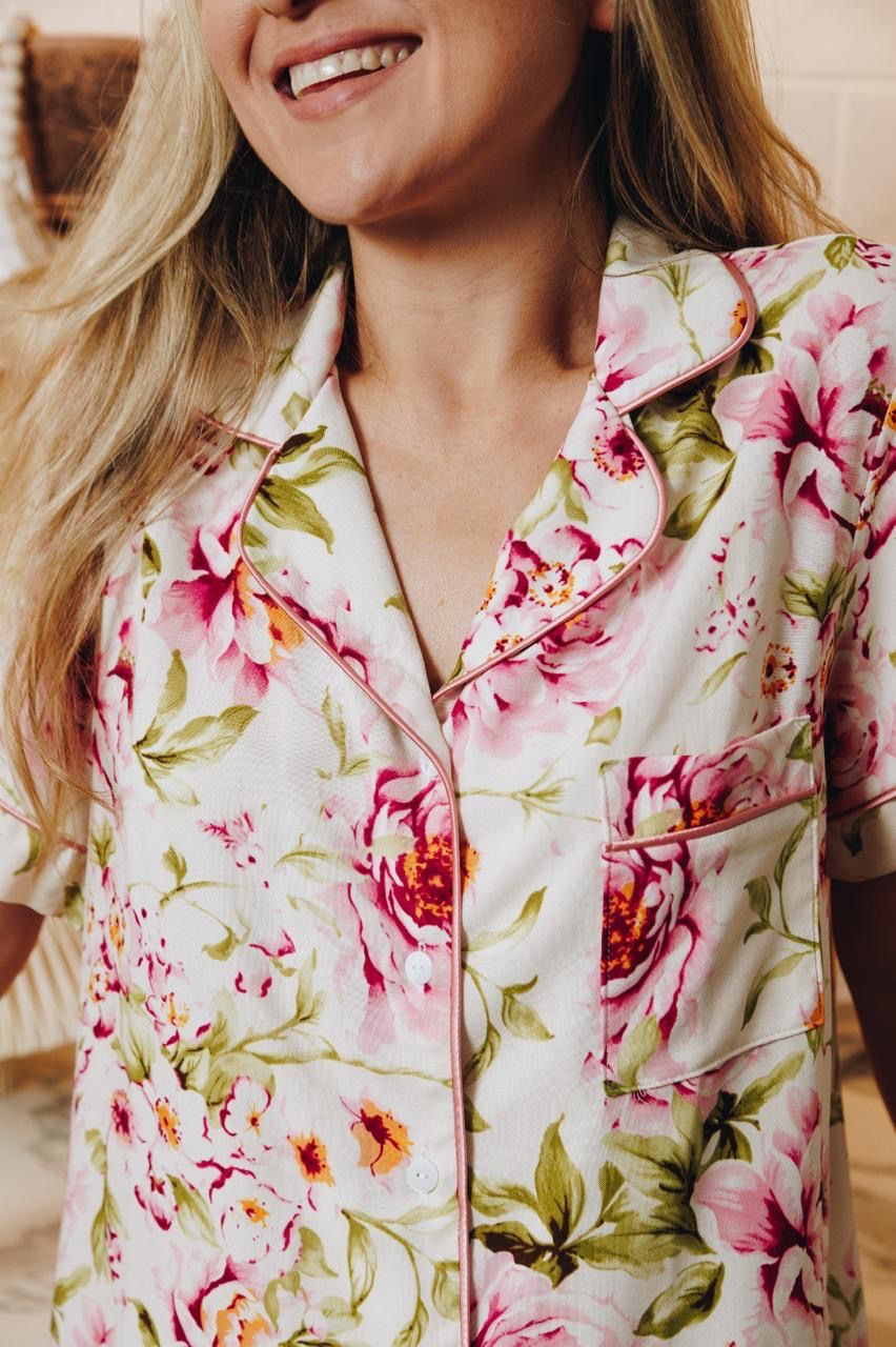 Short Sleeve Top and Ankle Length Pant | Peony Floral | 100% Rayon