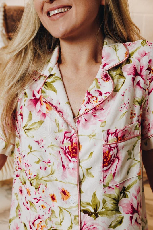 Short Sleeve Top and Ankle Length Pant | Peony Floral | 100% Rayon