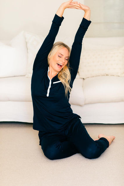 Long Sleeve Top & Cuffed Pant | Navy Lounge pj with Contrast Trim | 96% Rayon & 4% Spandex