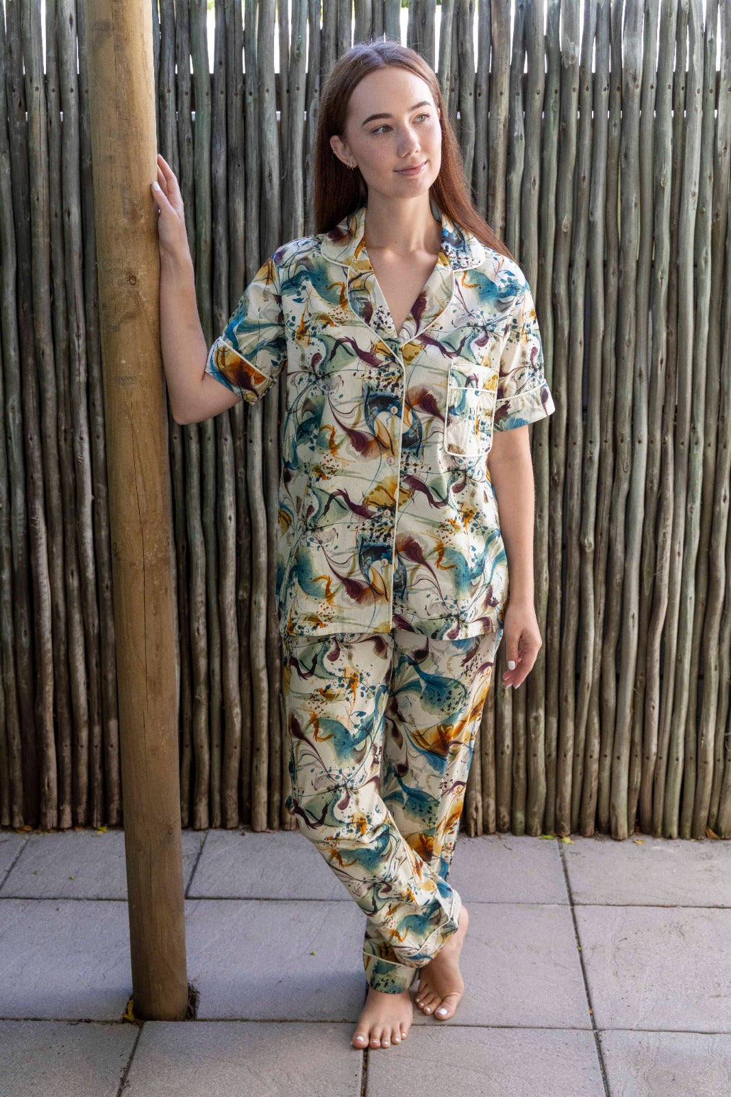 Short Sleeve Top and Long Pant | Teal Crème | 100% Cotton