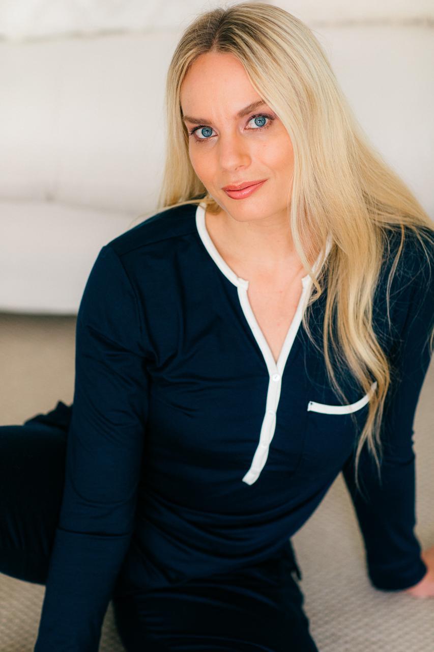 Long Sleeve Top & Cuffed Pant | Navy Lounge pj with Contrast Trim | 96% Rayon & 4% Spandex