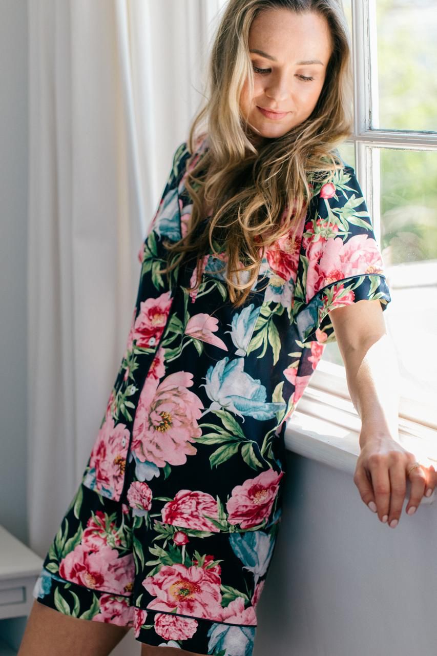 Short Set | Navy and Pink Floral | 100% Rayon