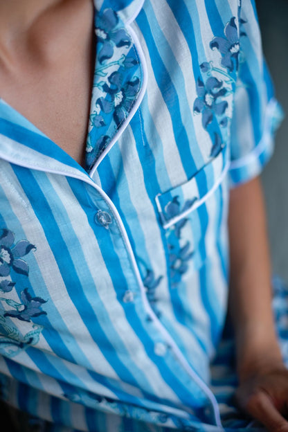 Short Sleeve Top and Long Pant | Blue Stripe Floral | 100% Indian Cotton
