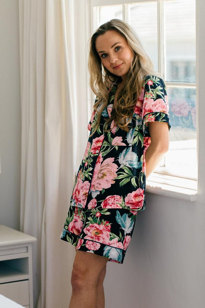 Short Set | Navy and Pink Floral | 100% Rayon