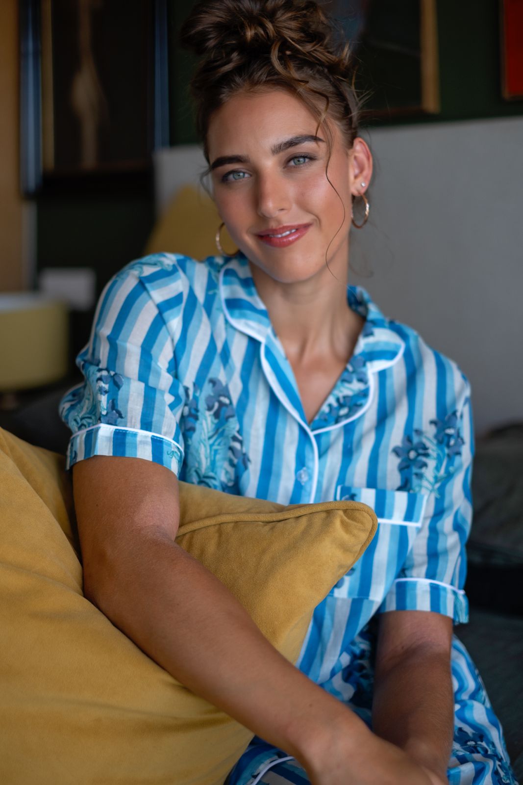 Short Sleeve Top and Long Pant | Blue Stripe Floral | 100% Indian Cotton