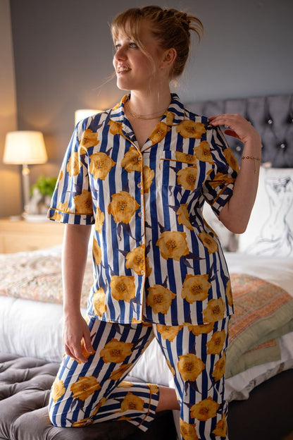 Short Sleeve Top and Long Pant | Navy and White Mustard Flowers | 100% Indian Cotton