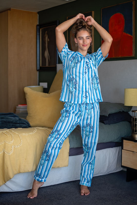 Short Sleeve Top and Long Pant | Blue Stripe Floral | 100% Indian Cotton