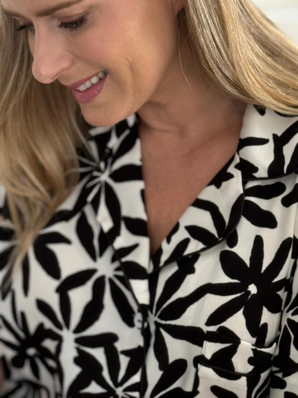 Short Sleeve Top & Ankle Length Pant | Black Daisy on Ivory | 100% Rayon
