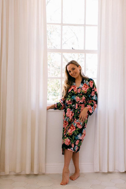 Kimono | Navy and Pink Floral | 100% Rayon