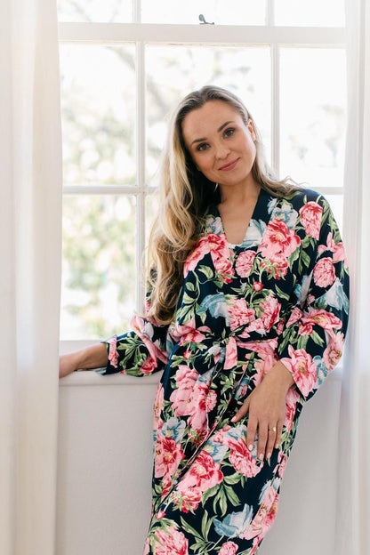 Kimono | Navy and Pink Floral | 100% Rayon