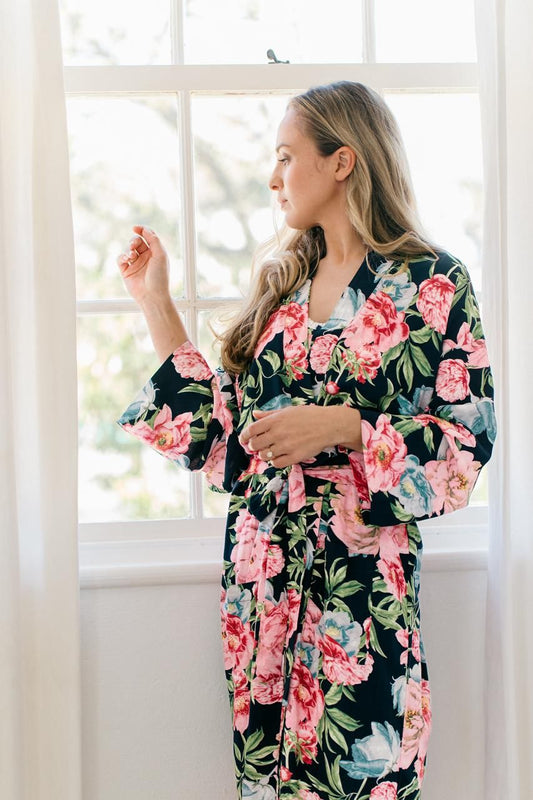 Kimono | Navy and Pink Floral | 100% Rayon