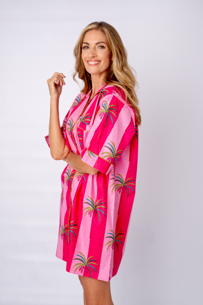 Classic Short Sleeve Sleepshirt | Pink Stripes Green Palm | 100% Indian Cotton