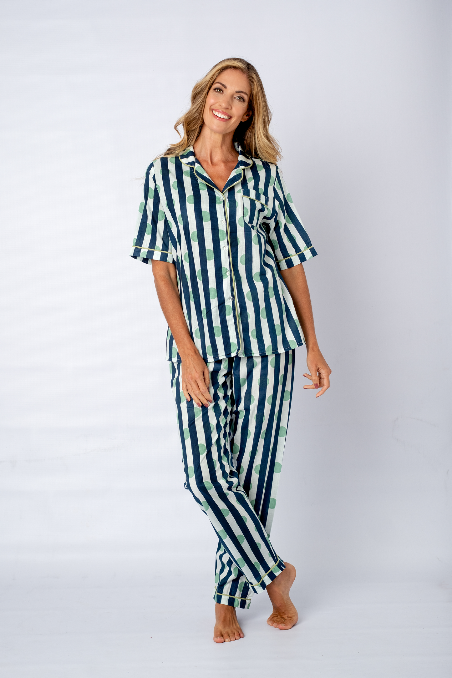 Classic Pj, Short Sleeve Top and Long Pant | Mint Dot Navy Stripes | 100% Cotton