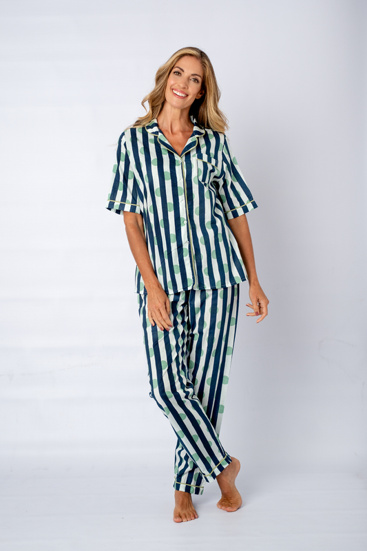 Classic Pj, Short Sleeve Top and Long Pant | Mint Dot Navy Stripes | 100% Cotton